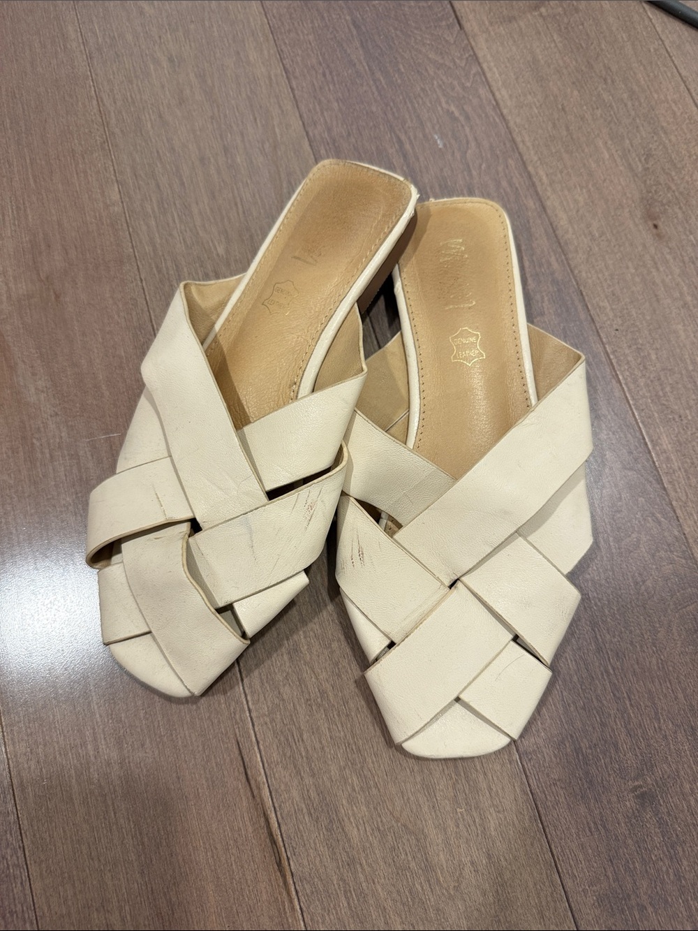 Stitch and Feather Cream Woven Slide Sandals
